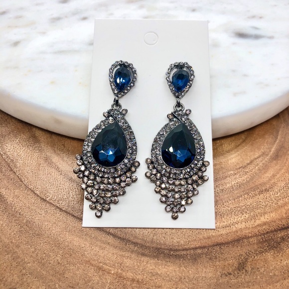Charcoal Gray & Blue Crystal Chandelier Earrings - Picture 2 of 8